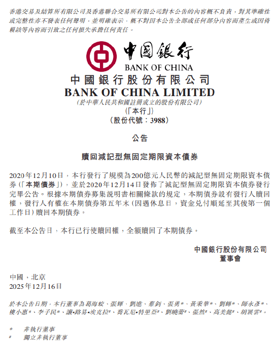 中国银行：完成发行500亿元人民币二级资本债券